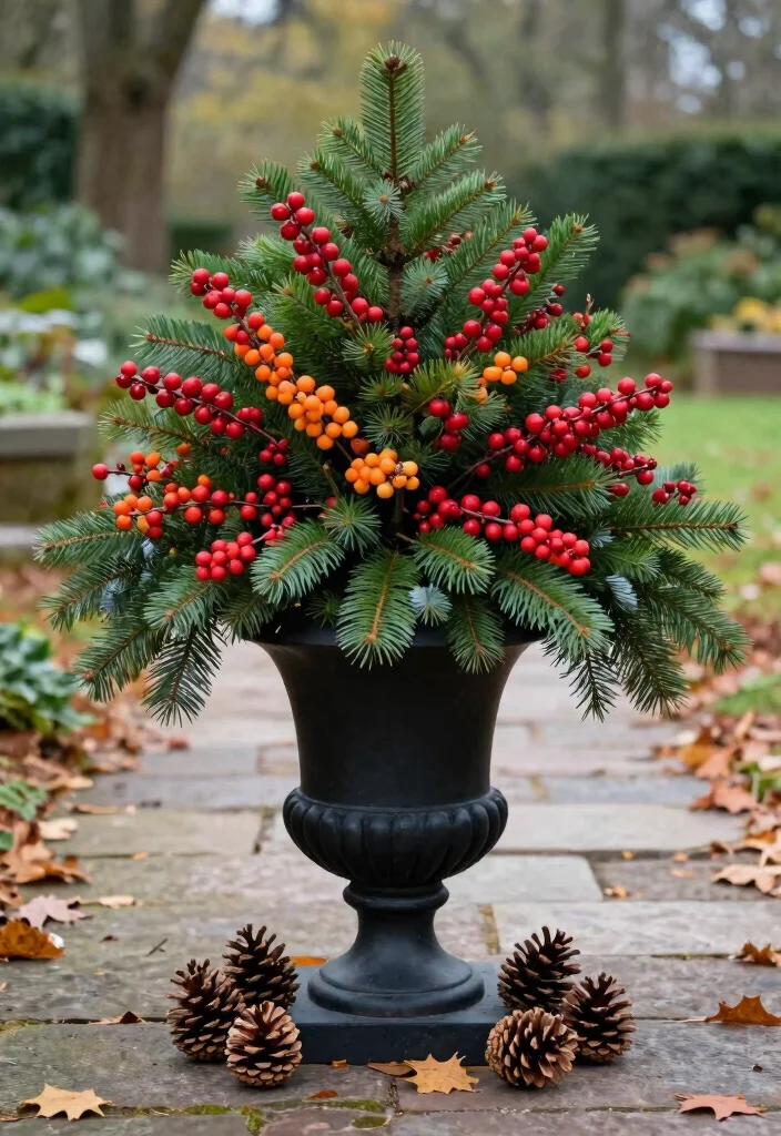 7 Beautiful Outdoor Urn Planter Ideas for Fall Decor 3. Classic Black Urn with Evergreens and Berries 0