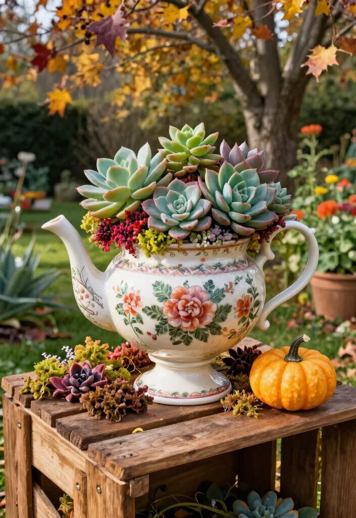 7 Beautiful Outdoor Urn Planter Ideas for Fall Decor 4. Whimsical Teapot Urn with Mixed Succulents 0