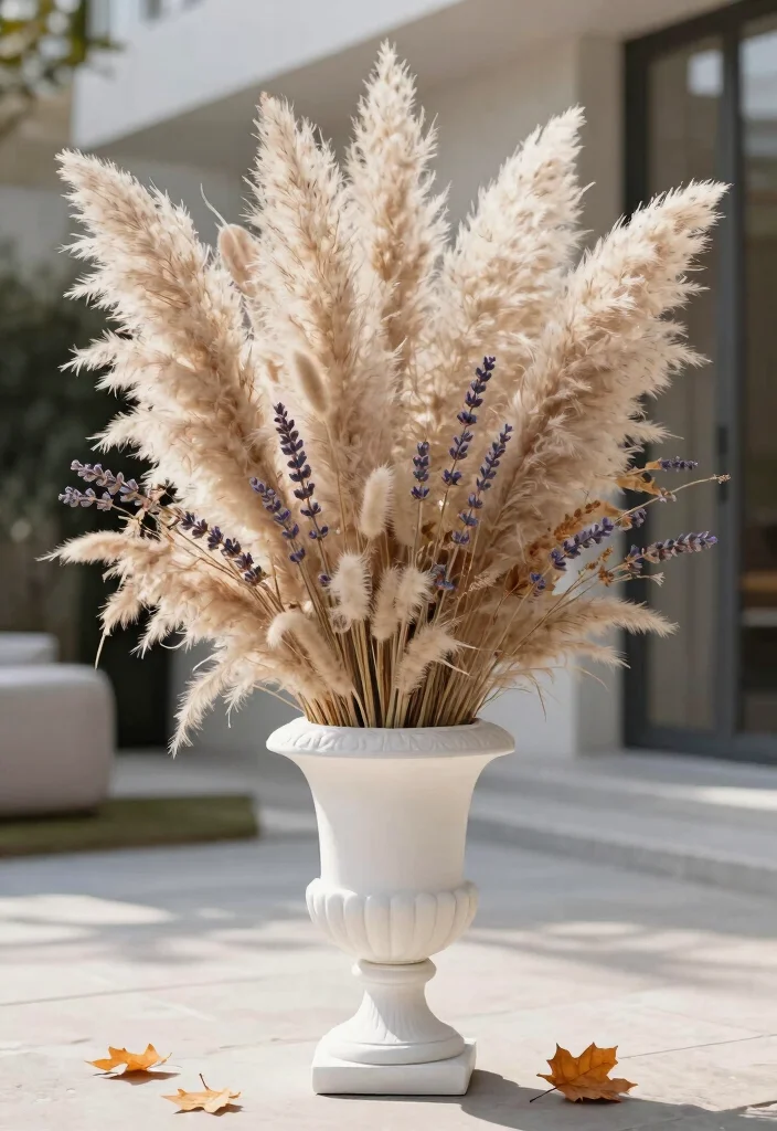 7 Beautiful Outdoor Urn Planter Ideas for Fall Decor 5. Elegant White Urn with Pampas Grass and Dried Flowers 0