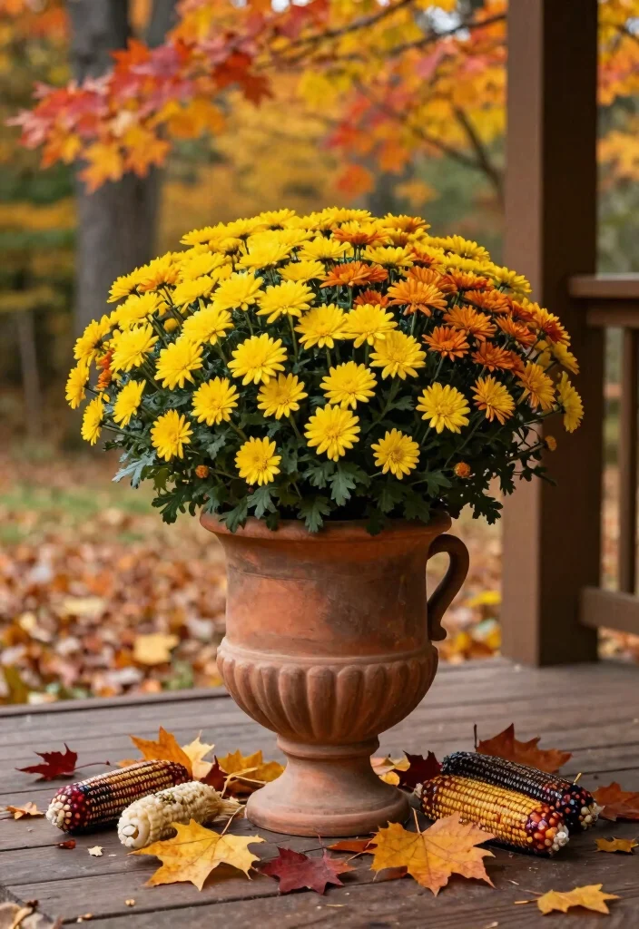 7 Beautiful Outdoor Urn Planter Ideas for Fall Decor 6. Charming Clay Urn with Fall Leaves and Mums 0