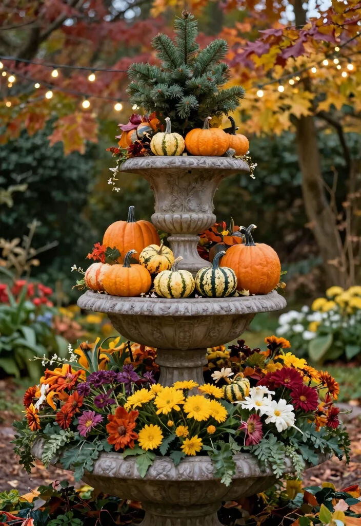 7 Beautiful Outdoor Urn Planter Ideas for Fall Decor 7. Multi Tiered Urn Display with Seasonal Touches 0