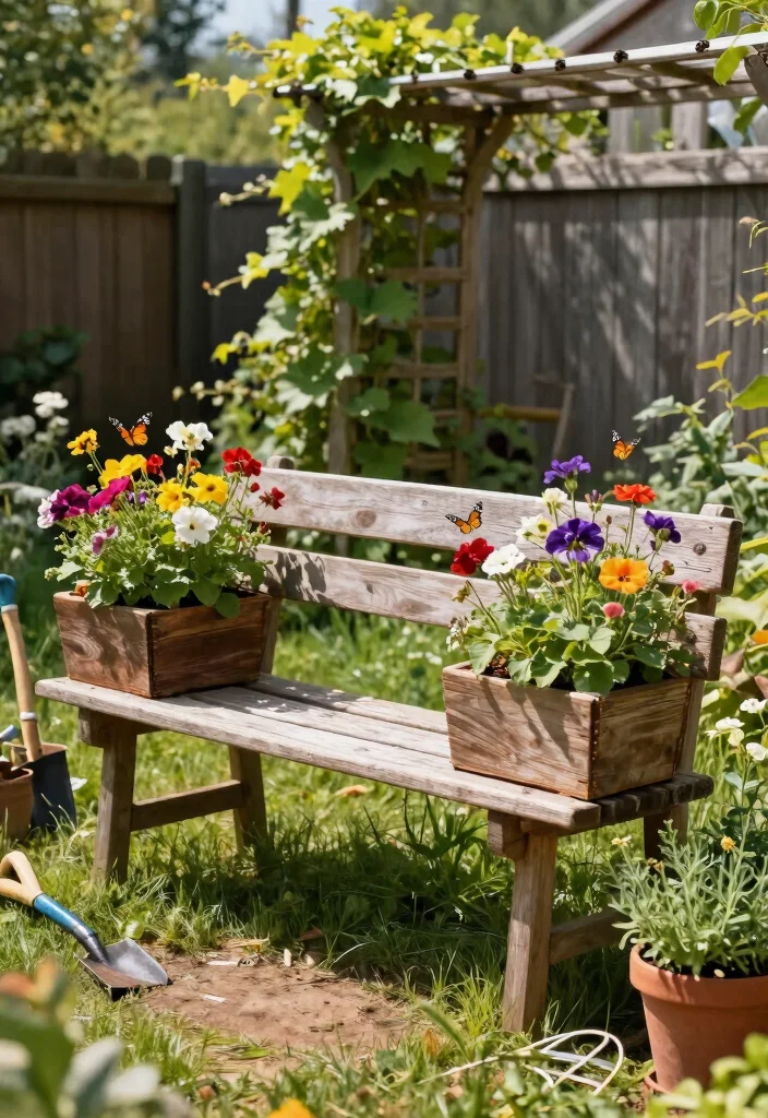 7 Best Plant Stand Bench Ideas for Outdoor Seating 1. Rustic Wooden Bench with Planter Boxes 0