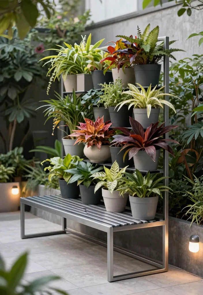 7 Best Plant Stand Bench Ideas for Outdoor Seating 3. Sleek Metal Bench with Vertical Plant Stand 0