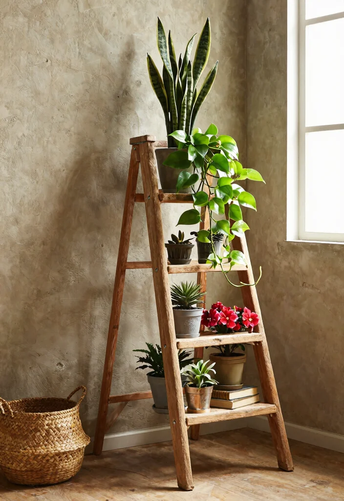 7 Best Table Top Plant Stand Ideas for Desks and Tables 3. Vintage Ladder Plant Stands for Rustic Charm 0