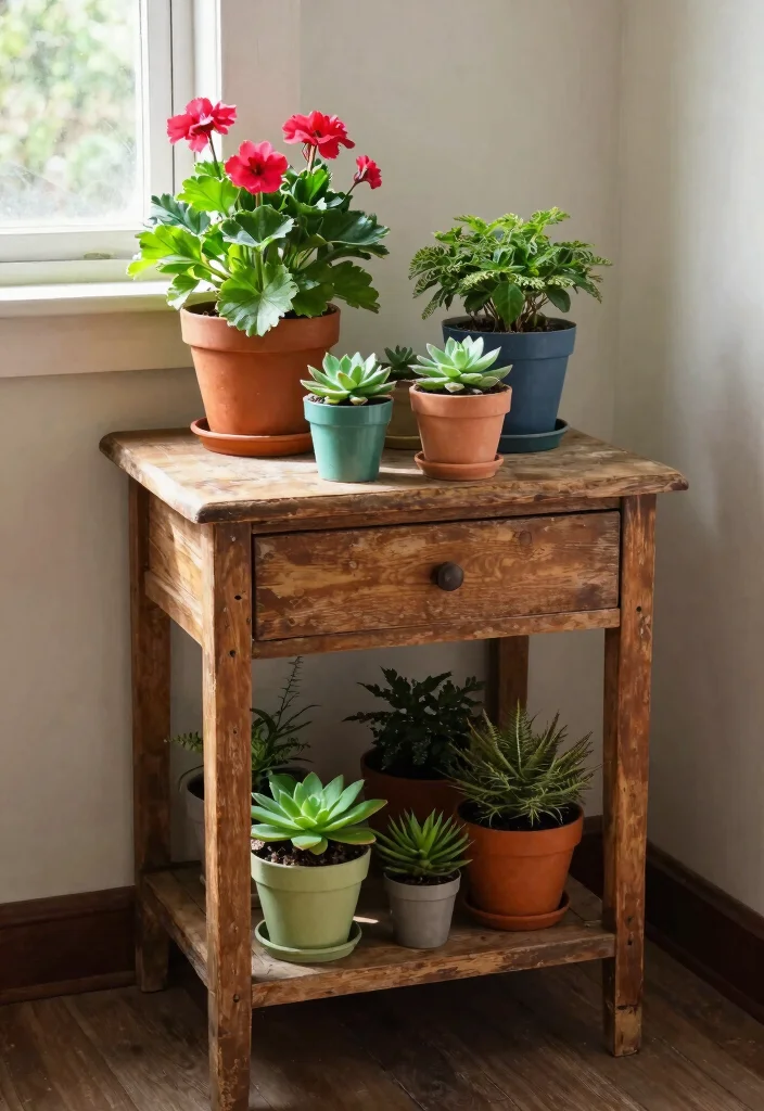 7 Best Table Top Plant Stand Ideas for Desks and Tables 6. Repurposed Furniture Plant Stands for Unique Displays 0