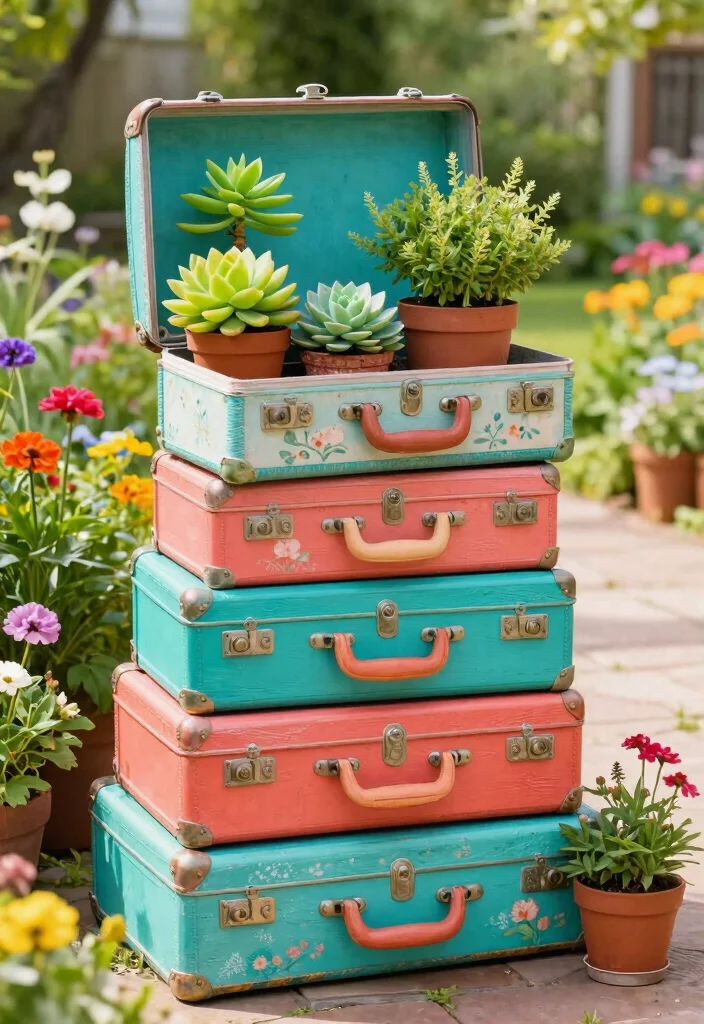 7 Creative Painted Plant Stand Ideas for a Fresh Look 2. Vintage Suitcase Stands 0