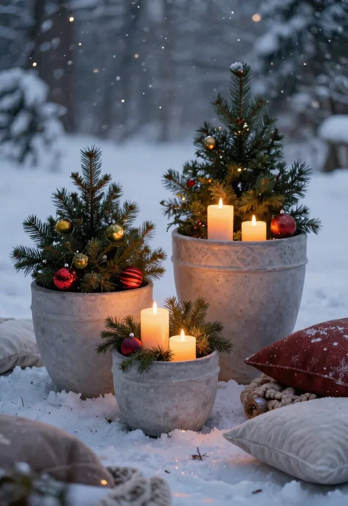7 Festive Winter Planter Ideas for Holiday Cheer 7. Cozy Candlelit Planters 0
