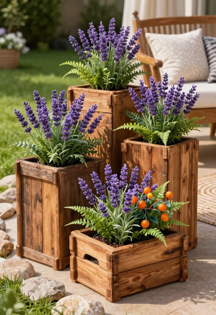 7 Realistic Outdoor Faux Planter Ideas Easy Style 2. Rustic Wooden Boxes 0