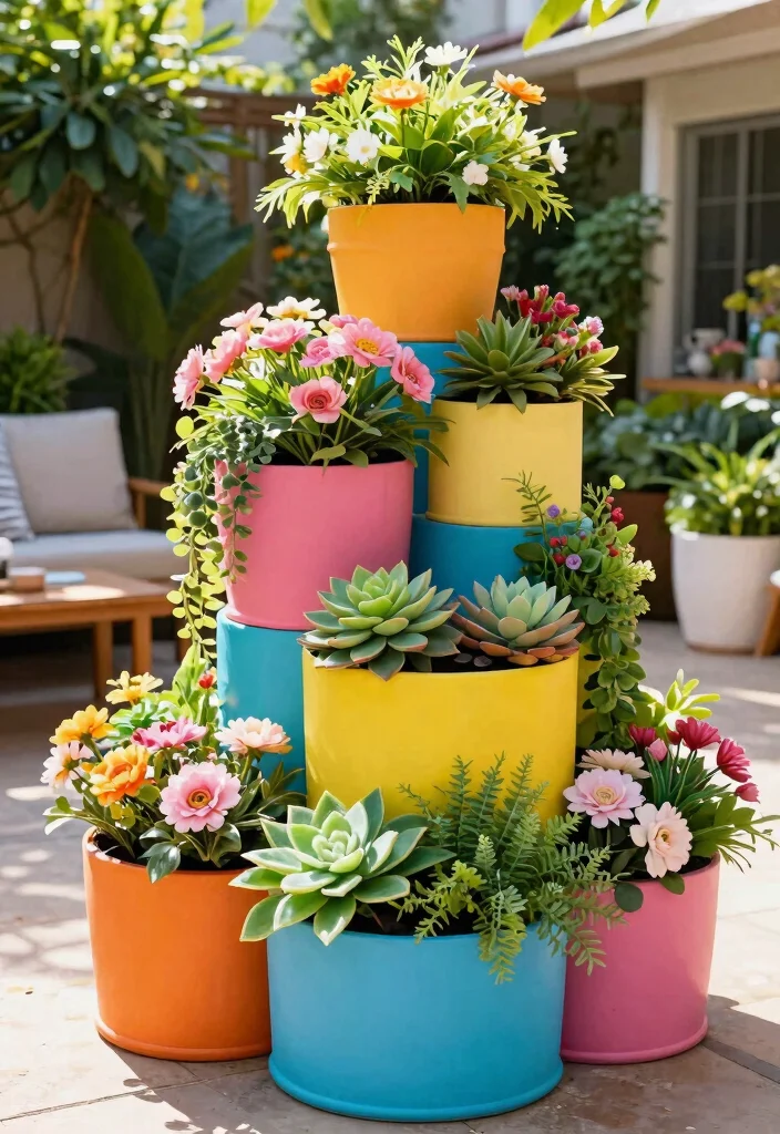 7 Realistic Outdoor Faux Planter Ideas Easy Style 5. Colorful Tiered Planters 0