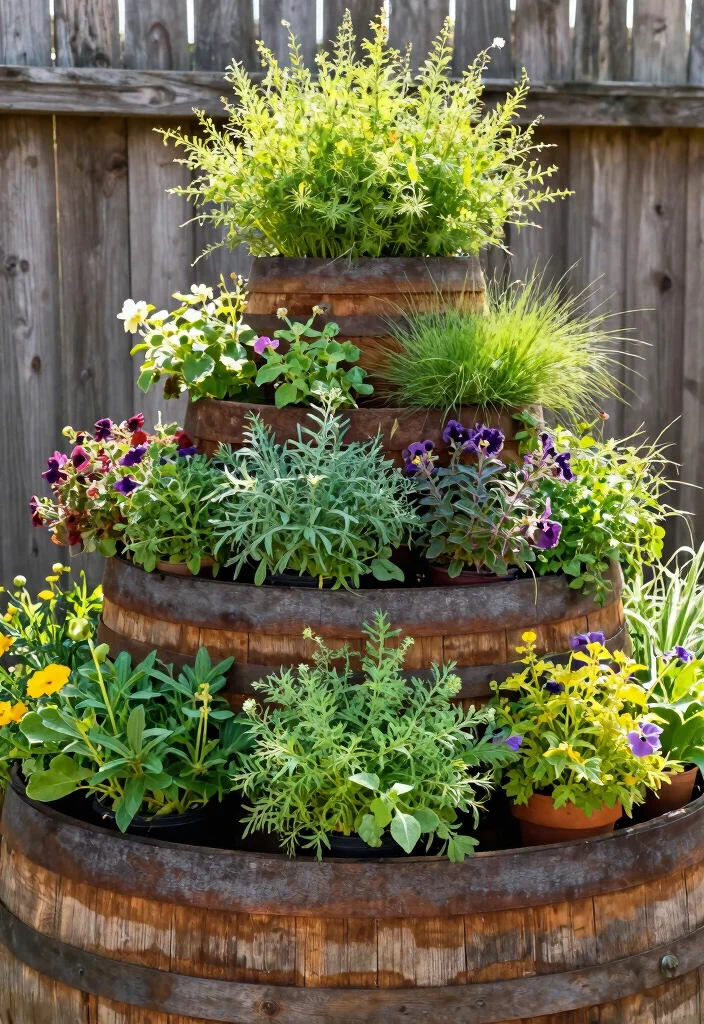 7 Rustic Outdoor Barrel Planter Ideas for Country Style 1. Vertical Garden with Tiered Barrels 0