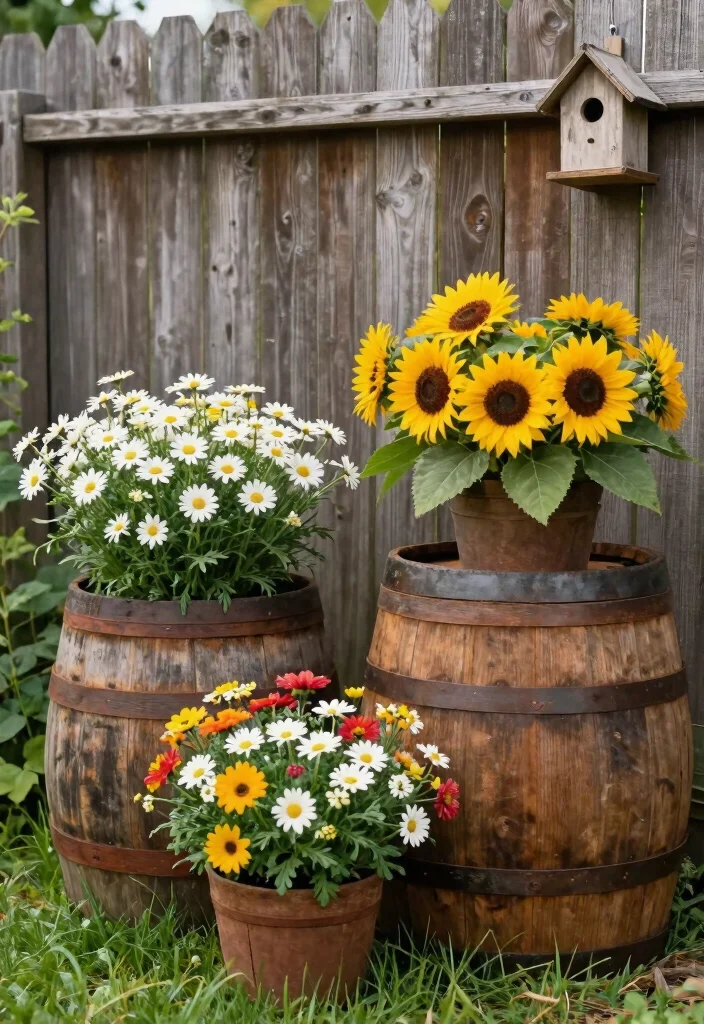 7 Rustic Outdoor Barrel Planter Ideas for Country Style 2. Flower Nestled Barrel Planters 0
