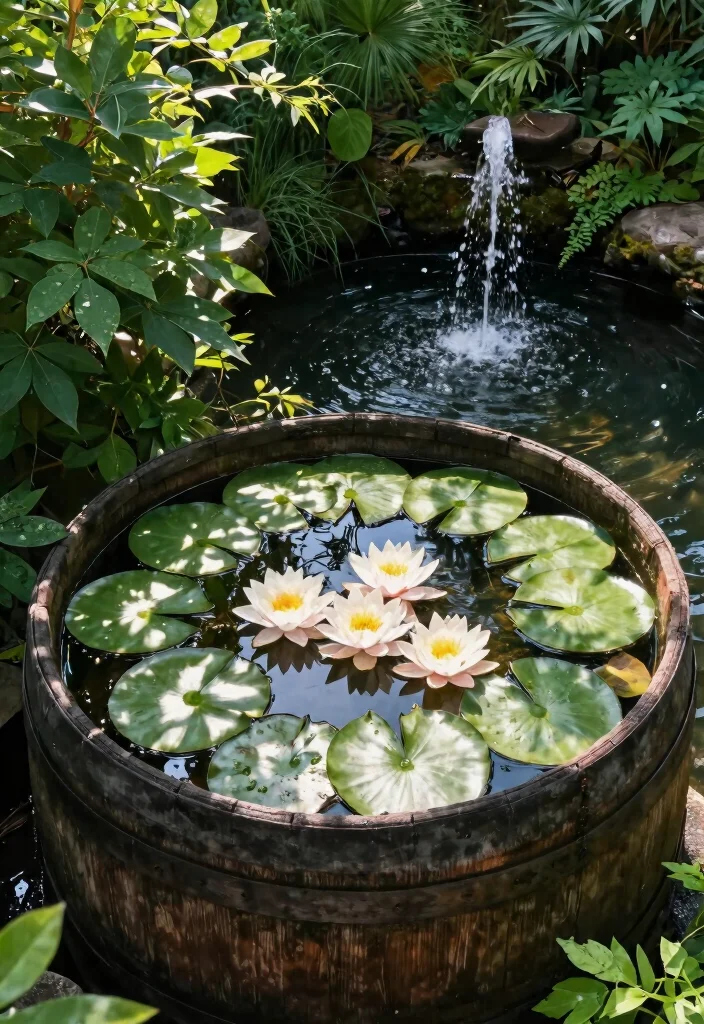 7 Rustic Outdoor Barrel Planter Ideas for Country Style 4. Rustic Water Feature Planter 0