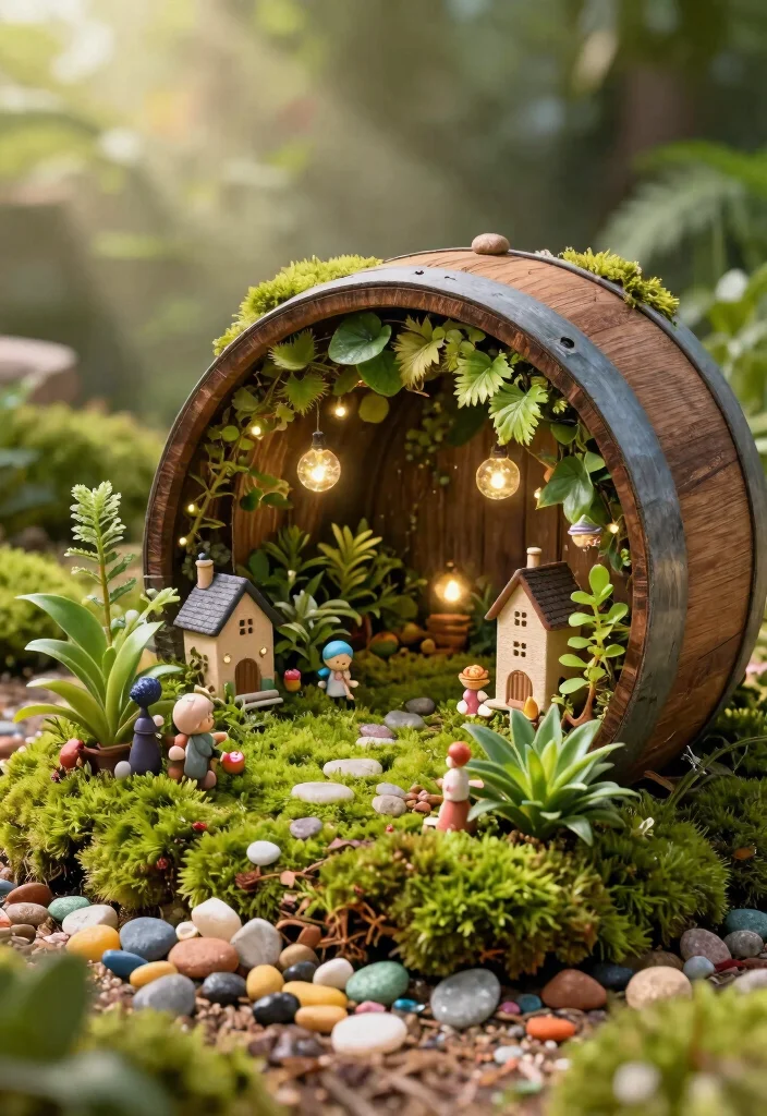 7 Rustic Outdoor Barrel Planter Ideas for Country Style 5. Whimsical Fairy Garden in a Barrel 0