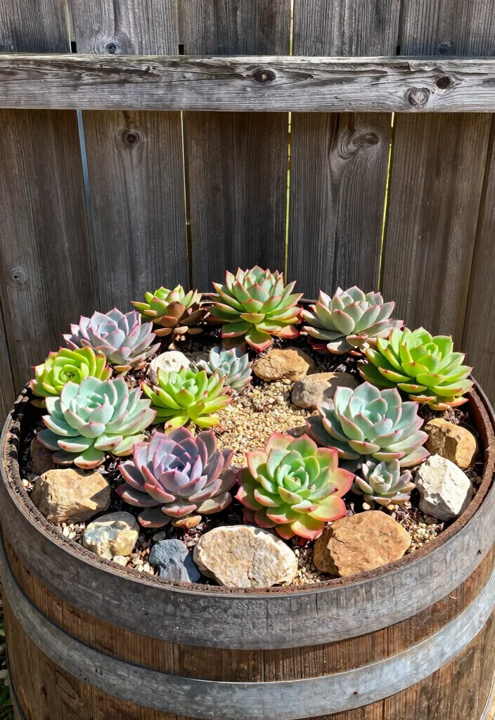 7 Rustic Outdoor Barrel Planter Ideas for Country Style 6. Rustic Succulent Barrel Planters 0