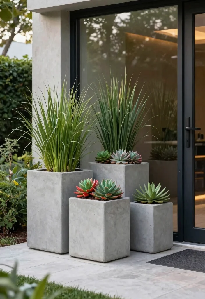 7 Sleek Tall Planter Ideas for Outdoor Entrance Designs 1. Sleek Minimalist Concrete Planters 0