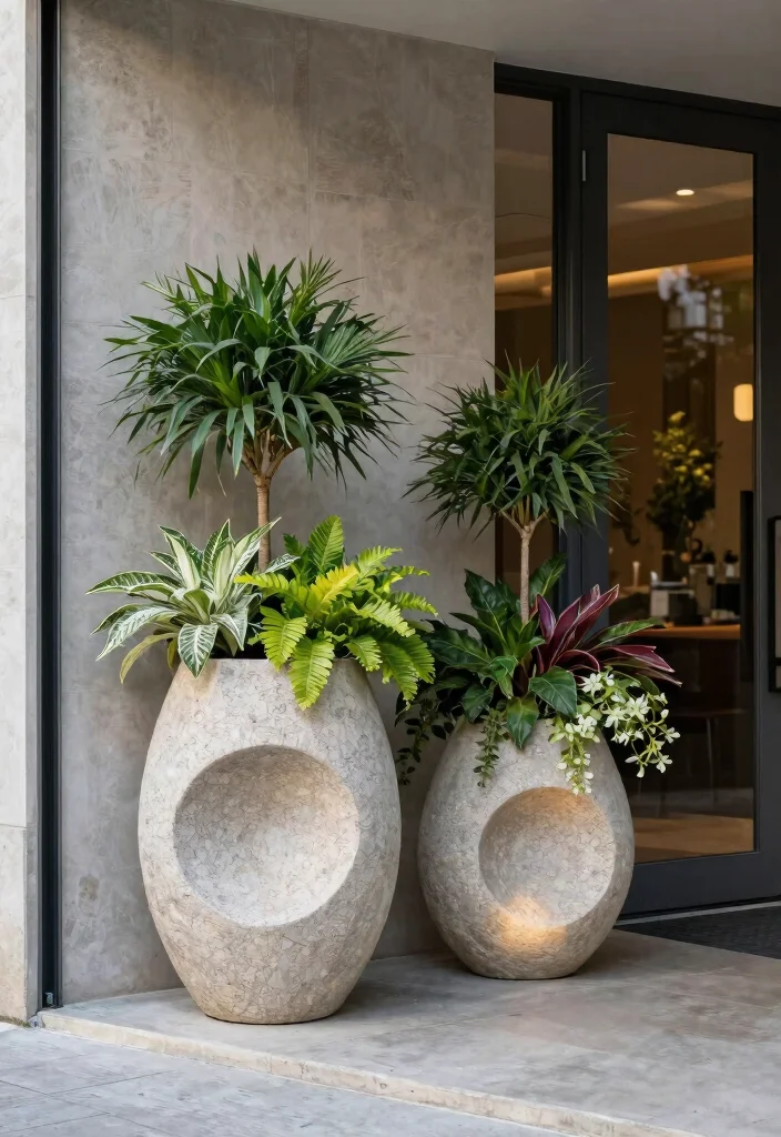 7 Sleek Tall Planter Ideas for Outdoor Entrance Designs 6. Artistic Sculptural Planters 0