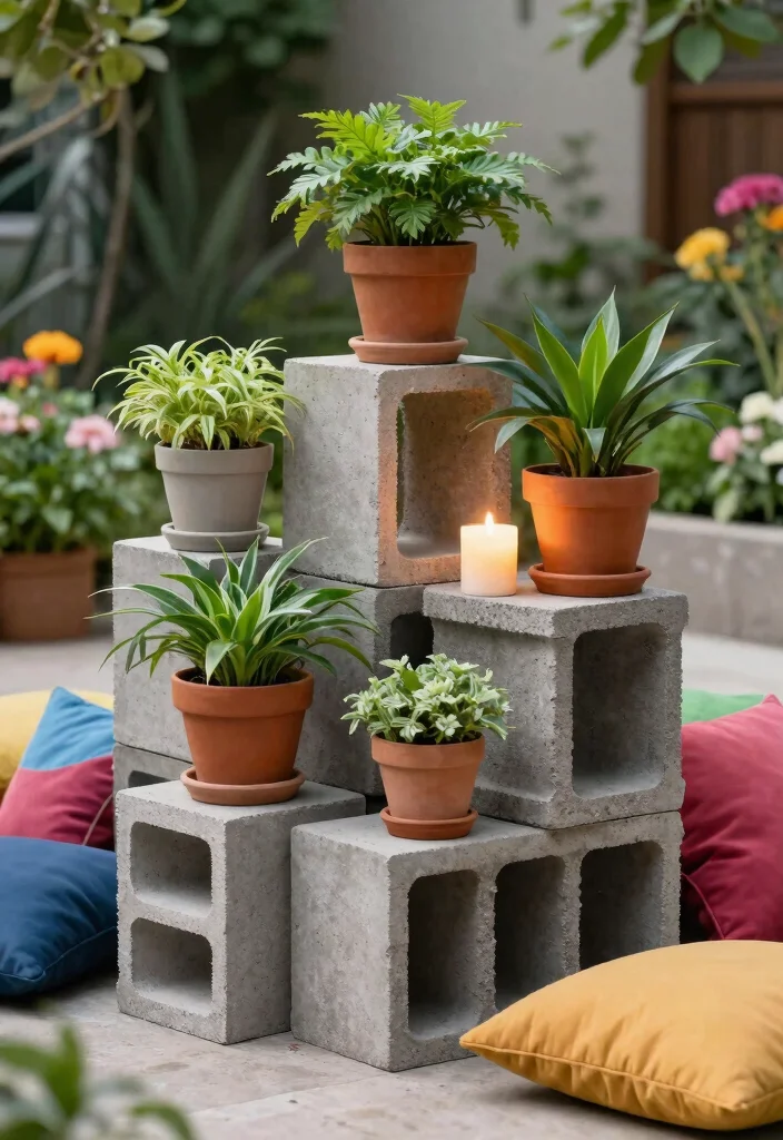 7 Smart DIY Candle Holder Plant Stand Ideas to Try 7. Concrete Block Plant Stand with Candles 0