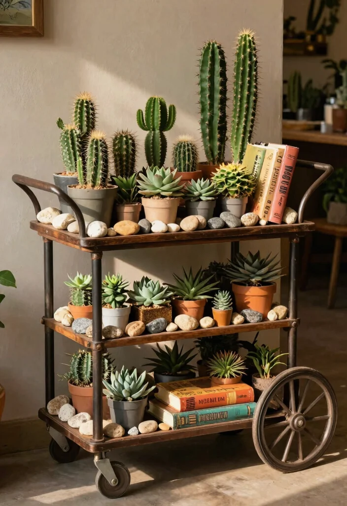 7 Unique Cactus Plant Stand Ideas Desert Style 6. Vintage Cart Plant Stand 0