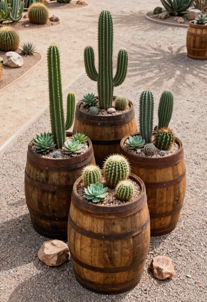 7 Unique Cactus Planter Ideas Outdoor Desert Style 1. Rustic Wooden Barrel Planters 0