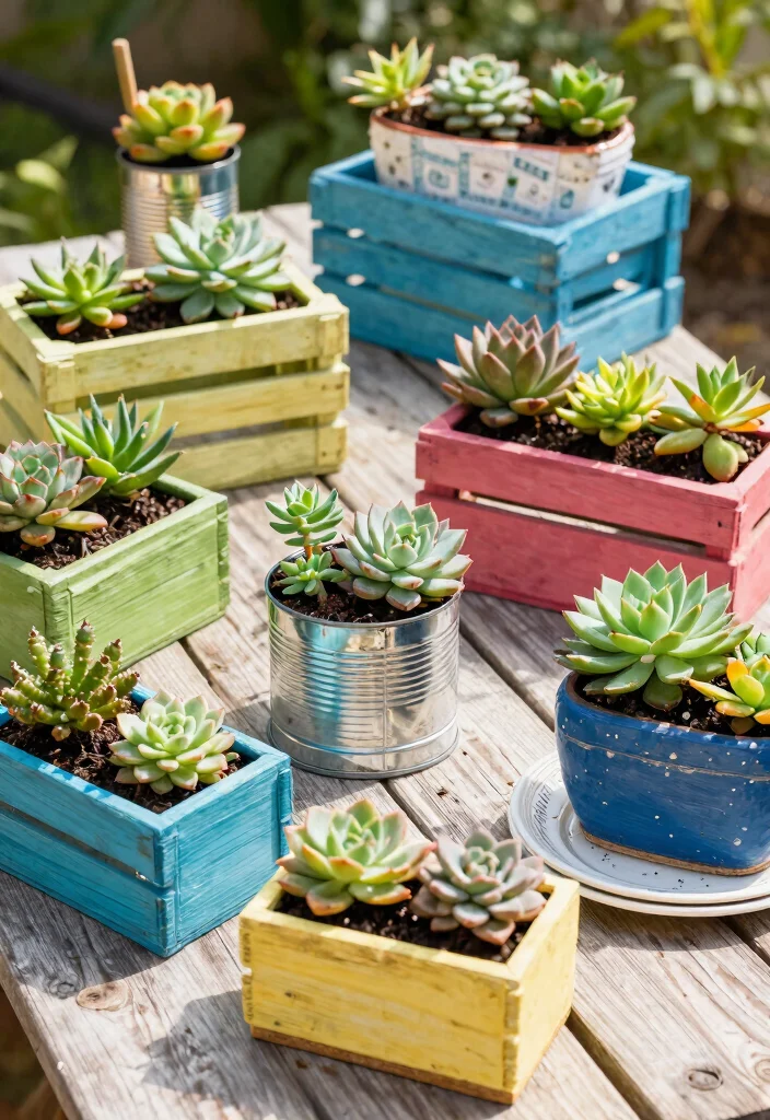 9 Practical Shallow Planter Ideas for Outdoor Succulents 4. Upcycled Shallow Planters from Household Items 0