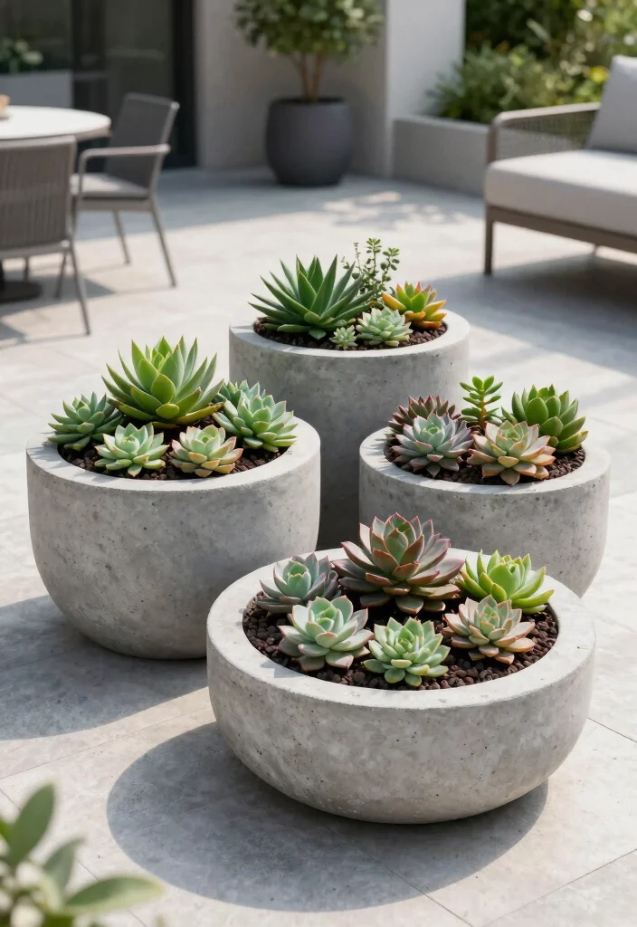 9 Practical Shallow Planter Ideas for Outdoor Succulents 7. Stylish Concrete Shallow Planters 0