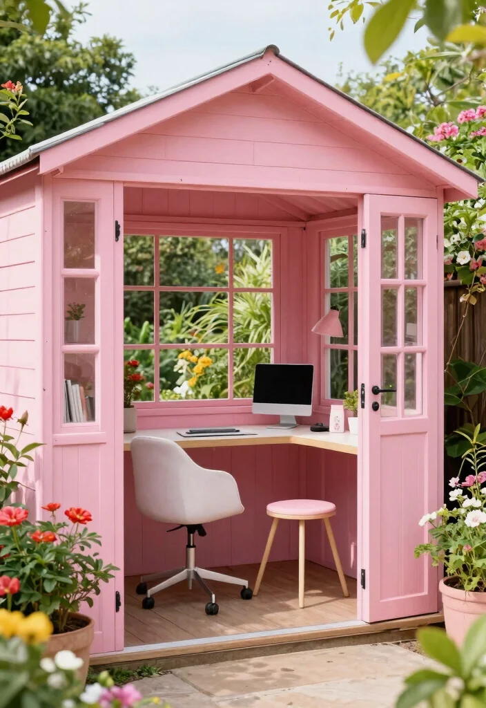 9 Sweet Pink Garden Shed Ideas for a Whimsical Backyard 58 9 Sweet Pink Garden Shed Ideas for a Whimsical Backyard 8. Outdoor Office Escape 0