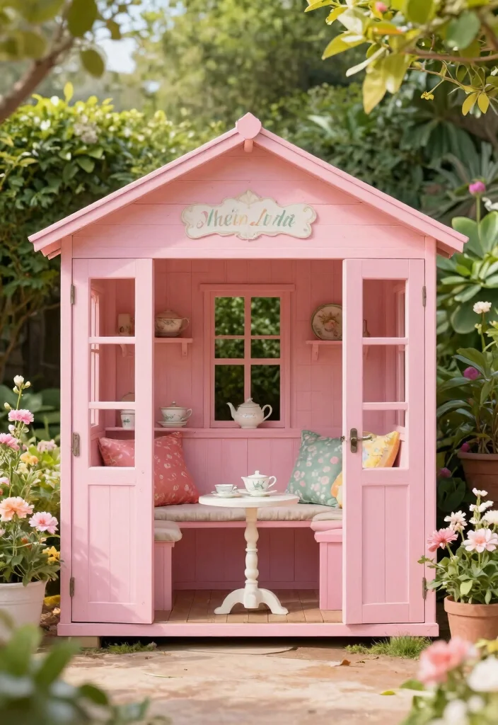 9 Sweet Pink Garden Shed Ideas for a Whimsical Backyard 59 9 Sweet Pink Garden Shed Ideas for a Whimsical Backyard 9. Charming Tea House 0