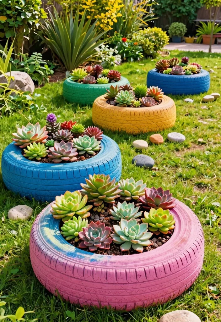 9 Unique Succulent Planter Ideas for Outdoor Low Care Spaces 3. Recycled Tire Planters 0