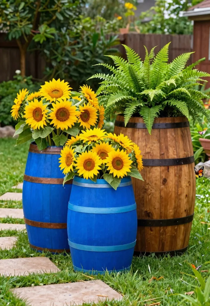 9 Welcoming Outdoor Planter Ideas for Front Yards Curb Appeal 6. Colorful Barrels and Drum Planters 0