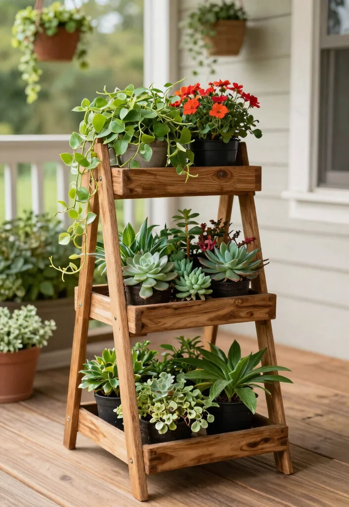9 Welcoming Porch Plant Stand Ideas for Curb Appeal 1. Tiered Wood Plant Stand 0