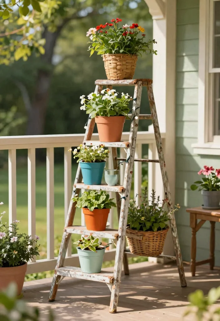 9 Welcoming Porch Plant Stand Ideas for Curb Appeal 2. Vintage Ladder Display 0